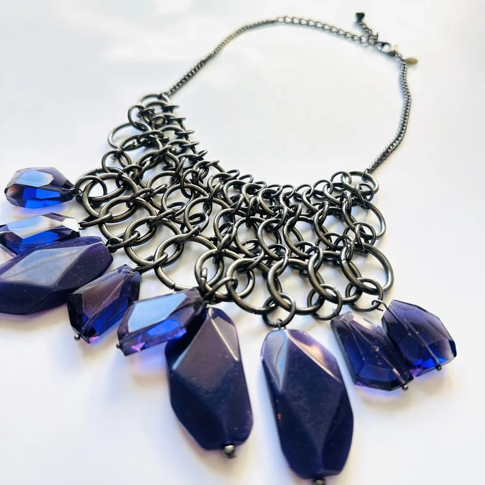 Chicos Gunmetal Chain Necklace Purple Faceted Gem‎ Dangle Statement